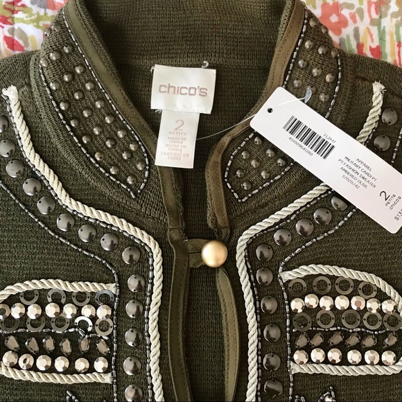 Chico's Sweaters - CHICO’S MILITARY STYLE EMBELLISHED CARDIGAN SIZE PETITE LARGE